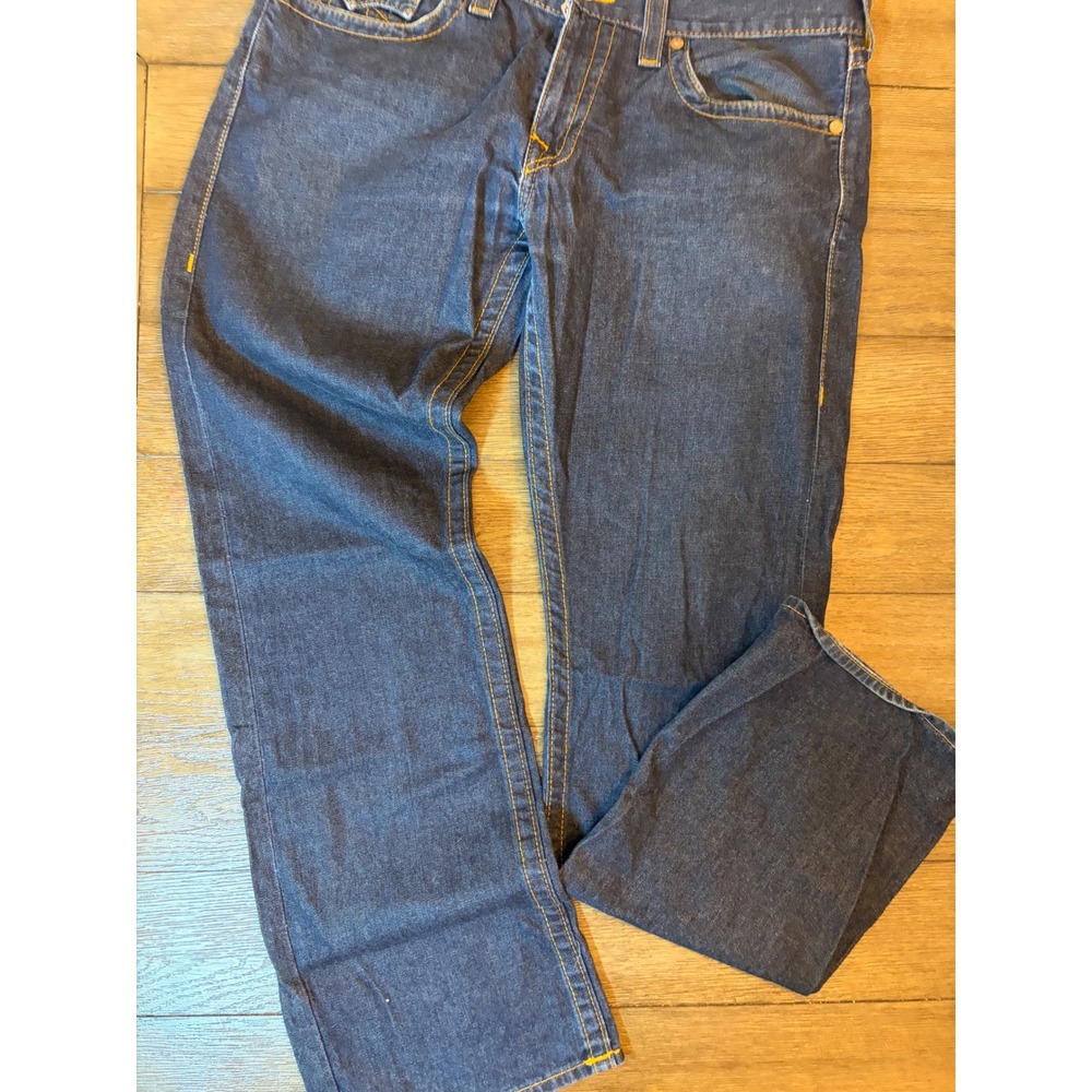 True Religion Mens Section Straight Dark Wash Horseshoe Stitch Denim Jeans